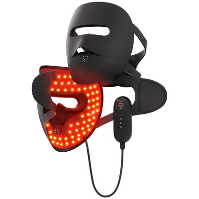 Black LED mask with red lights and control panel on a white background